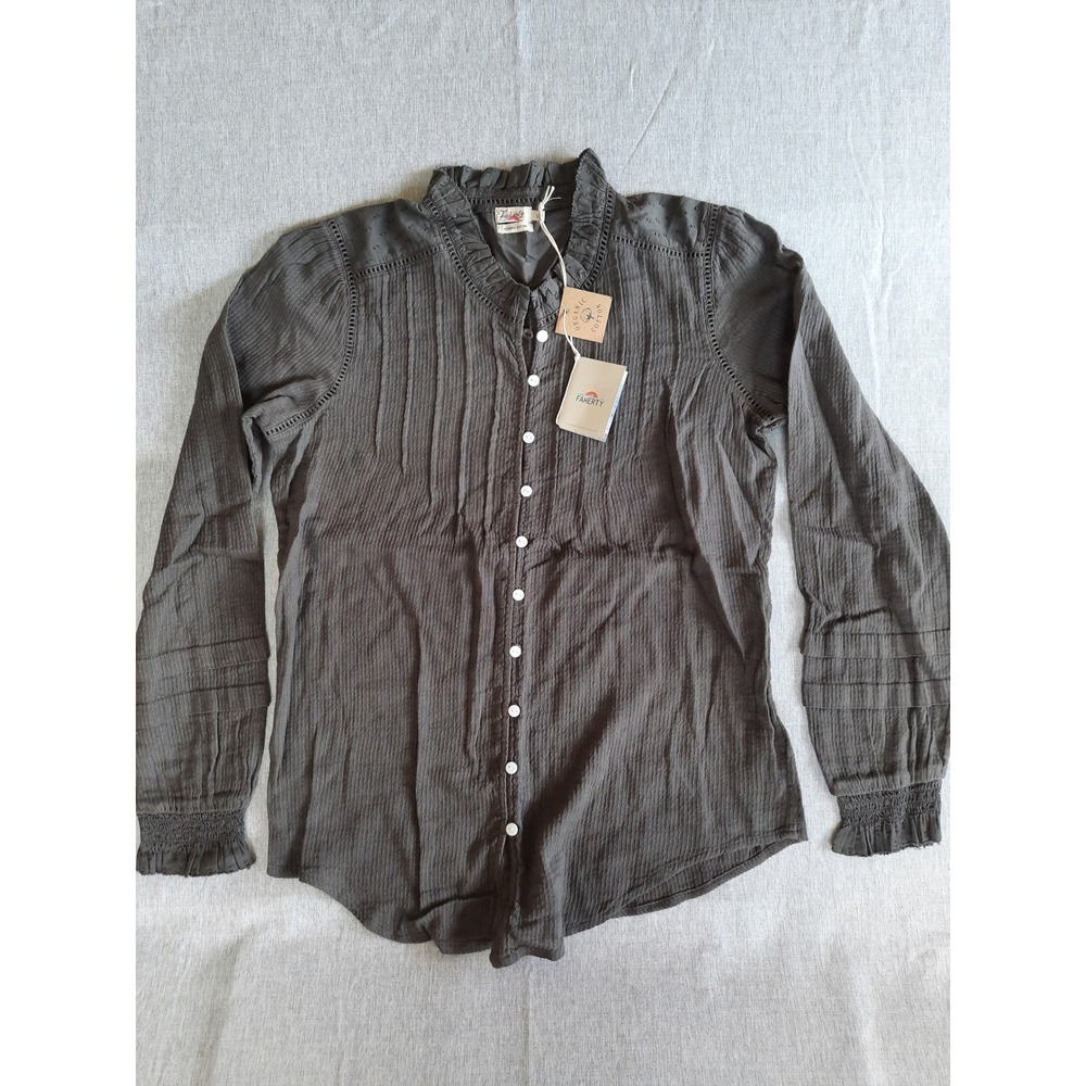 Faherty Women Small Ruffle Pleated Crochet Button Shirt Blouse LS Organic Cotton